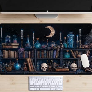 Midnight Witch&#39;s Bookshelf Desk Mat, Witchy Bookcase Desk Pad, Wicca Library Desk Topper, Wiccan Potion Shop Laptop Mat, Cottage, Apothecary