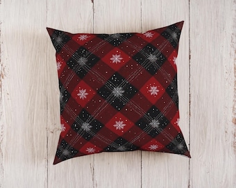 Tartan Plaid Snowflakes Pillow Cover, Christmas Pillow Case, Snow Throw Pillow, Winter Home Decor, Flannel Pattern Pillow Shams, Decorative