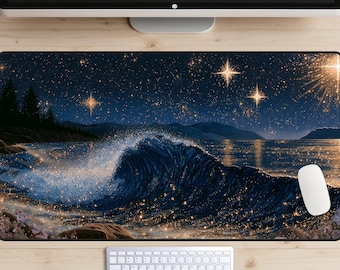 Glittering Night Waves Desk Mat, Dark Ocean Desk Pad, Shining Sea Mousepad, Nautical Aesthetic Desk Topper, Peaceful Seascape Laptop Mat
