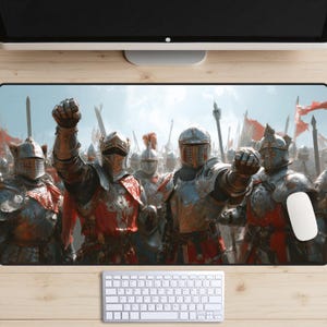 May include: A rectangular mousepad featuring a digital illustration of medieval knights in full armor, raising their fists in a triumphant gesture. The knights are clad in silver and red armor, with flags in the background.