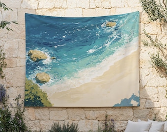 Gobeläng för avskild strand, väggbonad med havsvågor, tygbonad med blått vatten, väggbonad med sandstrand, tropisk vik, djupblått hav
