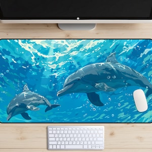 Skrivbordsmatta med delfiner, skrivbordsunderlägg med delfiner, musmatta med havsliv, skrivbordsunderlägg med "Rädda havet", laptopmatta med skimrande blått vatten, stranddekorationer