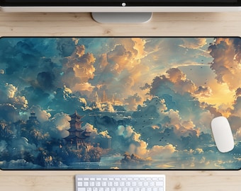 Tapis de bureau aquarelle japonais, sous-main fantaisie, dessus de bureau nuages, tapis de souris paysage nuageux, décoration de bureau peinture épique, espace de travail art asiatique