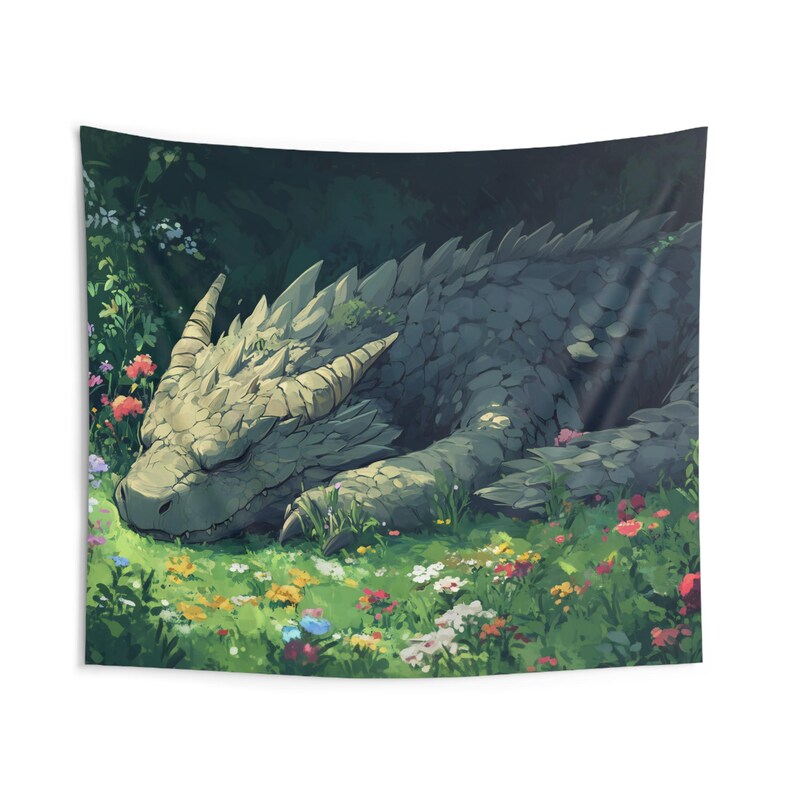 Sleeping Dragon Tapestry, Earth Dragon Wall Hanging, Fantasy Garden Wall Art, Wyvern Wall Decor, MTG Tapestry, Legendary Creature, Cute Gift image 7