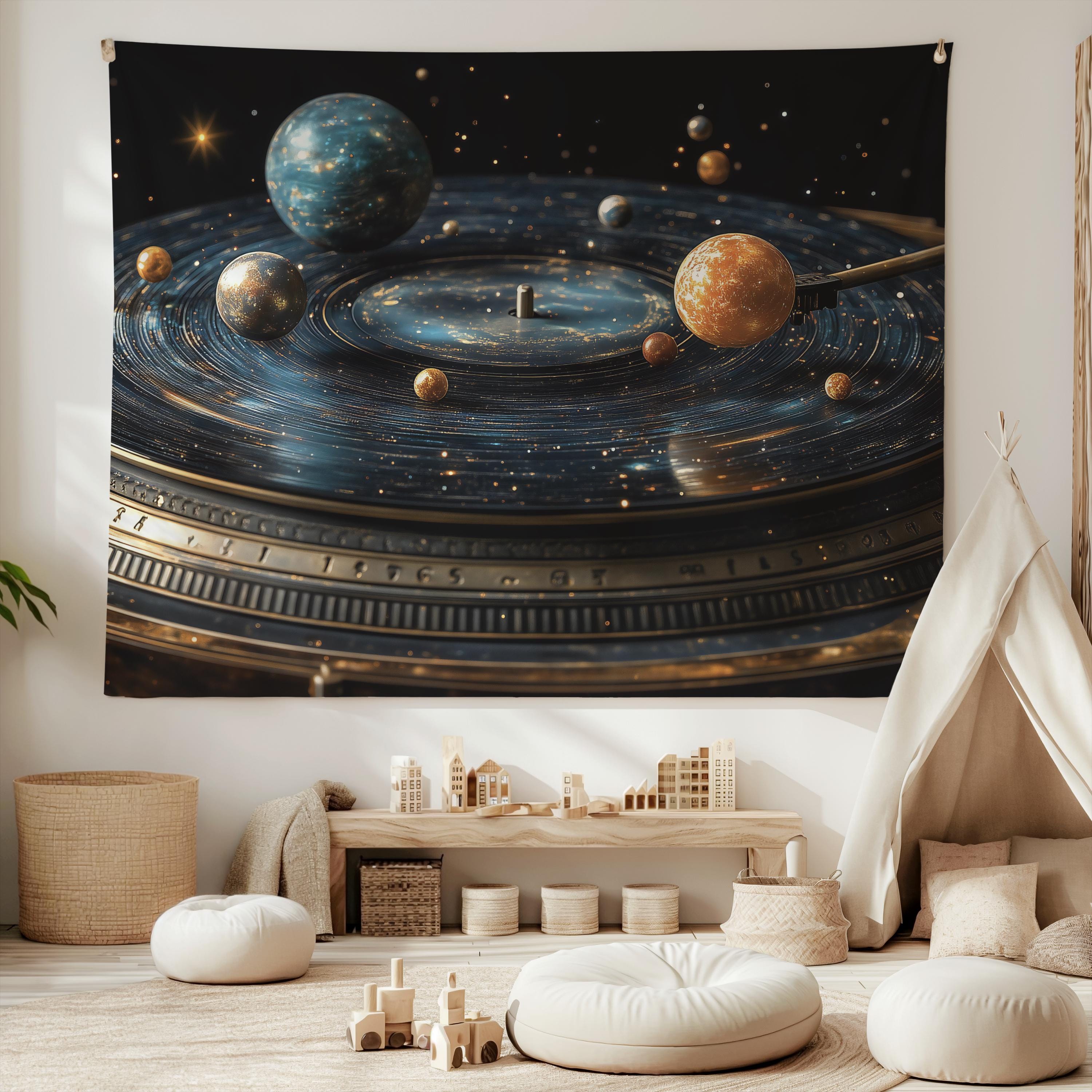 Cosmic Turntable Tapestry, Record Player Galaxy Wall Hanging