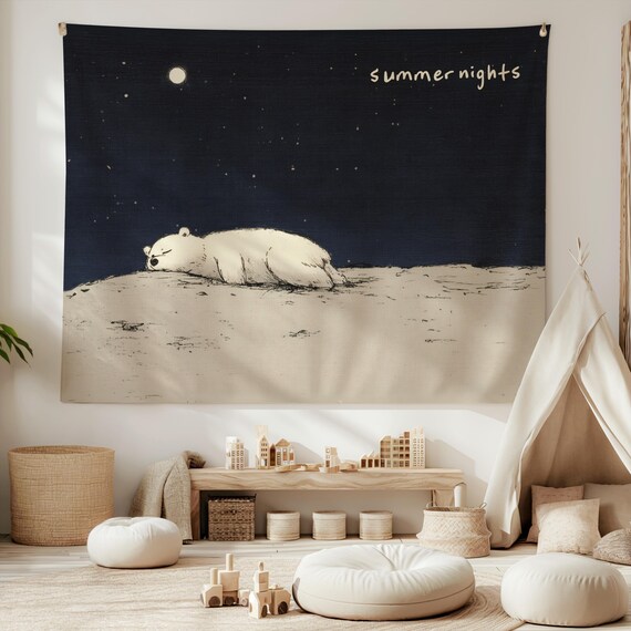 Summer Nights Tapestry, Sleeping Bear Wall Cloth, Cute Bear Wall