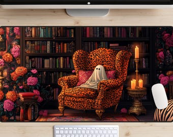Puede incluir: Un tapete de ratón con temática de Halloween espeluznante con un fantasma sentado en un sillón de estampado de leopardo en una habitación llena de estanterías y iluminada por velas.