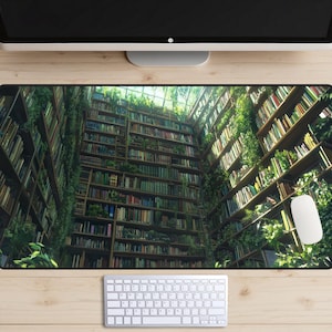Tapete de mesa de biblioteca esquecido, almofada de mesa de prateleiras cheias de livros, capa de mesa de bibliotecário de fantasia, mousepad de ruínas antigas, lofi, estufa ensolarada