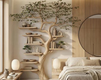 Mid Century Wandregal - Schwarzes Zweig Wandregal - Modernes schwebendes Bücherregal - Von der Natur inspirierte Wanddekoration