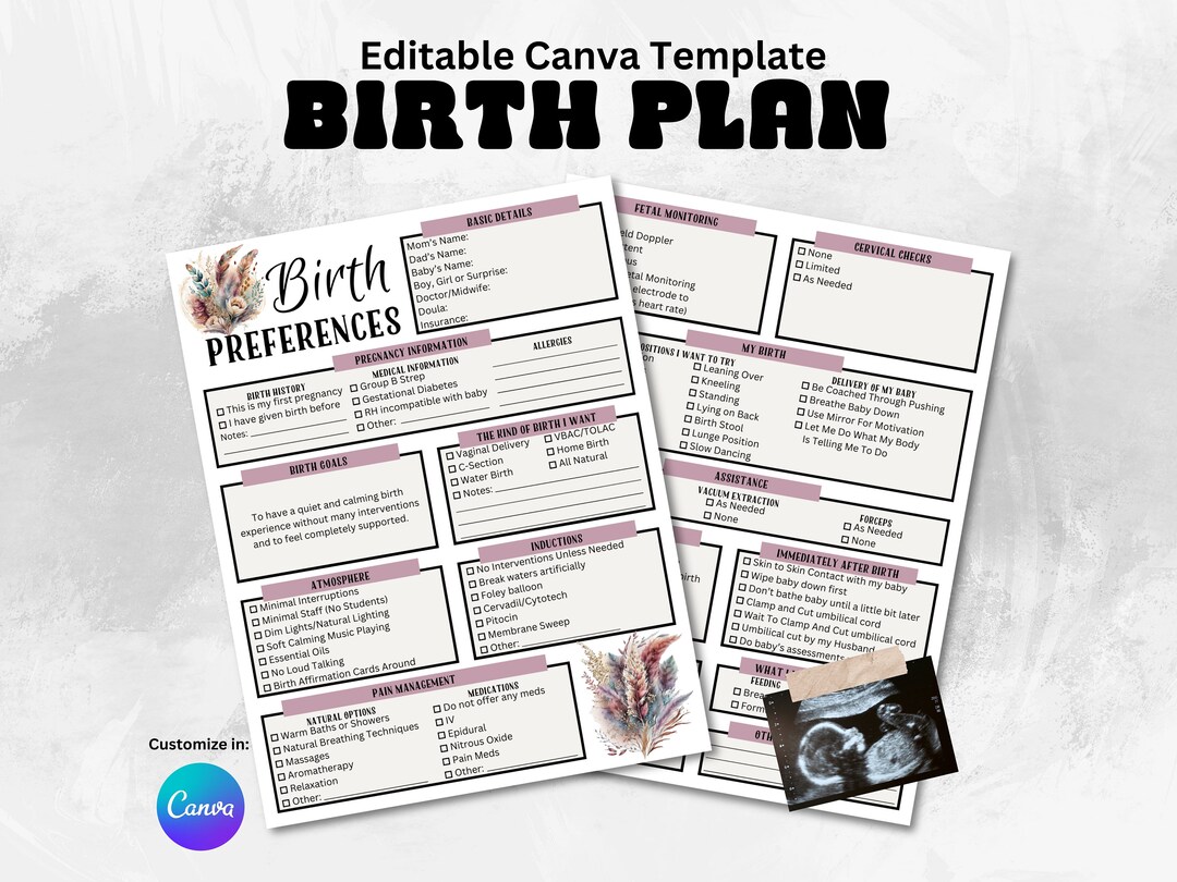Editable Canva Birth Plan Template for Expecting Moms, Printable Doula