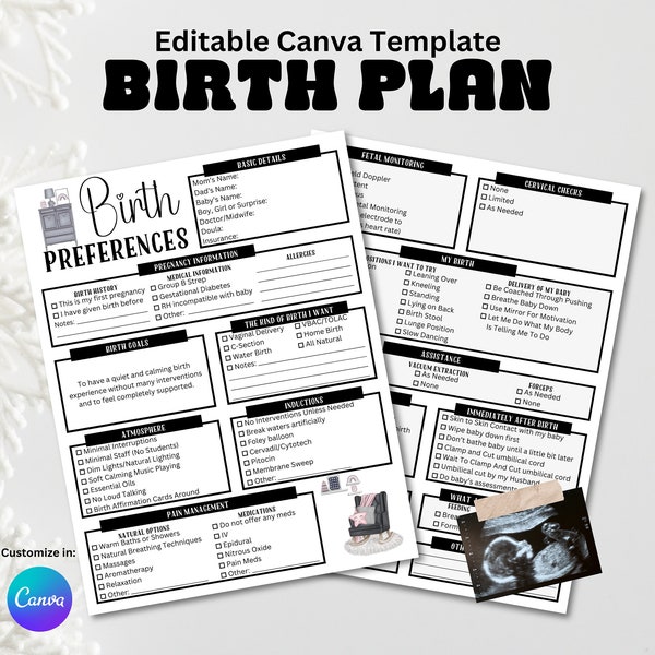 Birth Plan Template, birth preferences, Doula Resources, Visual Birth Plan Checklist, Labor and Delivery Planner, Gift for expecting moms