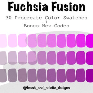 May include: A digital art palette titled "Fuchsia Fusion" featuring 30 Procreate color swatches in shades of pink and purple, with bonus hex codes. The color swatches are arranged in three rows, transitioning from light to dark. The design includes the text "@brush_and_palette_designs".