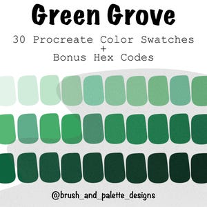 Può includere: Una tavolozza di arte digitale intitolata "Green Grove" con 30 campioni di colore Procreate in varie tonalità di verde, con codici esadecimali bonus. Il design include una gamma di tonalità di verde chiaro e scuro, perfette per progetti di arte digitale. Il nome dell'artista è @brush_and_palette_designs.