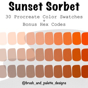 May include: A digital art palette titled "Sunset Sorbet" featuring 30 Procreate color swatches in shades of peach, orange, and brown. Includes bonus hex codes. The design is by @brush_and_palette_designs.