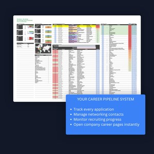 May include: A digital career pipeline system dashboard displayed on a screen, featuring organised tables for tracking job applications, networking contacts, and recruiting progress, with a blue overlay box titled YOUR CAREER PIPELINE SYSTEM.