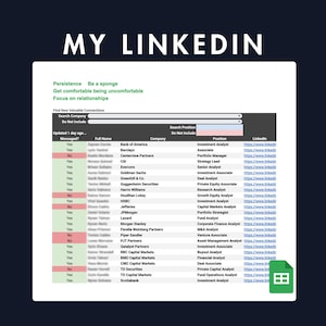May include: A screenshot of a LinkedIn profile with the title "MY LINKEDIN" at the top. The profile displays a list of contacts, their companies, and job titles. The text includes "Persistence," "Be a sponge," and "Focus on relationships."