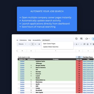May include: A digital spreadsheet interface for job tracking featuring a blue header box with the text AUTOMATE YOUR JOB SEARCH and a list of benefits. The table includes columns for Update Info, Applications, Company, Days Ago, and Link.