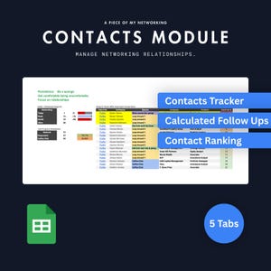 Könnte beinhalten: Eine digitale Kontaktmodul-Tabellenkalkulationsoberfläche mit Networking-Tracker, Fortschrittsanalyse und Kontaktliste. Das Layout enthält blaue Textfelder mit der Beschriftung Contacts Tracker, Calculated Follow Ups und Contact Ranking sowie ein grünes Tabellensymbol und einen blauen Kreis mit der Aufschrift 5 Tabs.