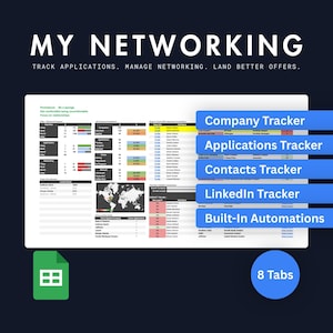 Op de afbeelding: Een digitaal netwerk-tracker spreadsheet sjabloon met de tekst MY NETWORKING TRACK APPLICATIONS. MANAGE NETWORKING. LAND BETTER OFFERS. De interface toont gegevenstabellen, een wereldkaart en blauwe labels voor Company, Applications, Contacts, LinkedIn Tracker en Built-In Automations, met een 8 Tabs icoon.