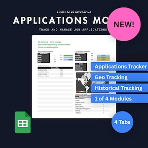 May include: A digital job applications tracker with a dark blue background. The document includes sections for tracking progress, geo-location, and historical data. The image also features a pink circle with the word "NEW!" and a green document icon.