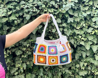 Colorful Granny Square Crochet Bag ,Shoulder Bag, Patchwork Bag, Colorful Bag, Women's Bag, Summer Bag, Afghan Bag, Boho Bag,Gift for Mam