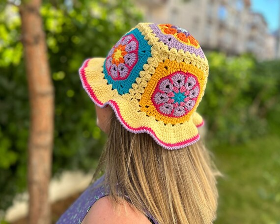 Handmade Crochet Bucket Hat: Colorful Granny Square Cotton  display picture 1