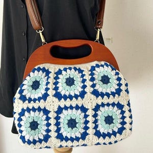 Handmade Evil Eye Crochet Clutch: Granny Square Wooden Handle Bag