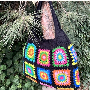 Granny Square Bag, Crochet Bag, Black Crochet Purse For Women, Crochet Tote Bag, Colorful Crochet Afghan Bag, Boho Crochet Shoulder Bag image 6