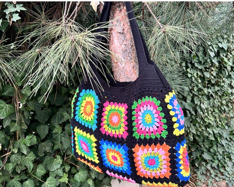 Granny Square Bag, Crochet Bag, Black Crochet Purse For Women, Crochet Tote Bag, Colorful Crochet Afghan Bag, Boho Crochet Shoulder Bag image 6