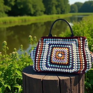 May include: A colorful, crocheted tote bag with a black handle sits on a wooden stump. The bag features a square pattern with various colors, including blue, orange, and yellow. The background shows a lake and green foliage.