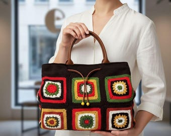 Vintage Style Granny Square Large Tote – Handmade Colorful Crochet