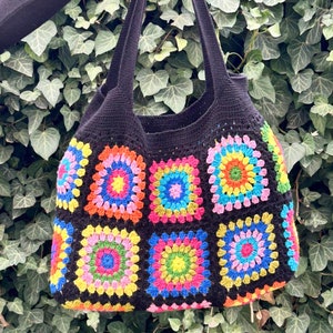 Granny Square Bag, Crochet Bag, Black Crochet Purse For Women, Crochet Tote Bag, Colorful Crochet Afghan Bag, Boho Crochet Shoulder Bag image 5