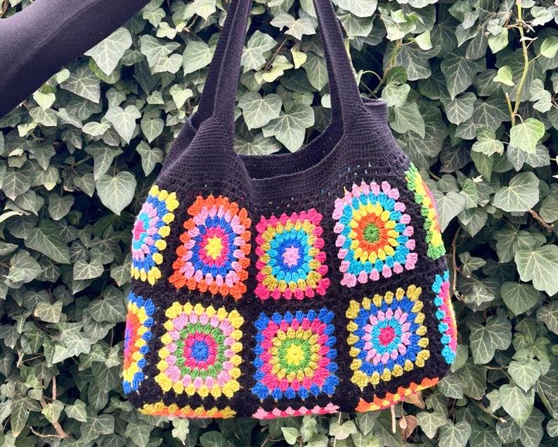 Granny Square Bag, Crochet Bag, Black Crochet Purse For Women, Crochet Tote Bag, Colorful Crochet Afghan Bag, Boho Crochet Shoulder Bag image 5