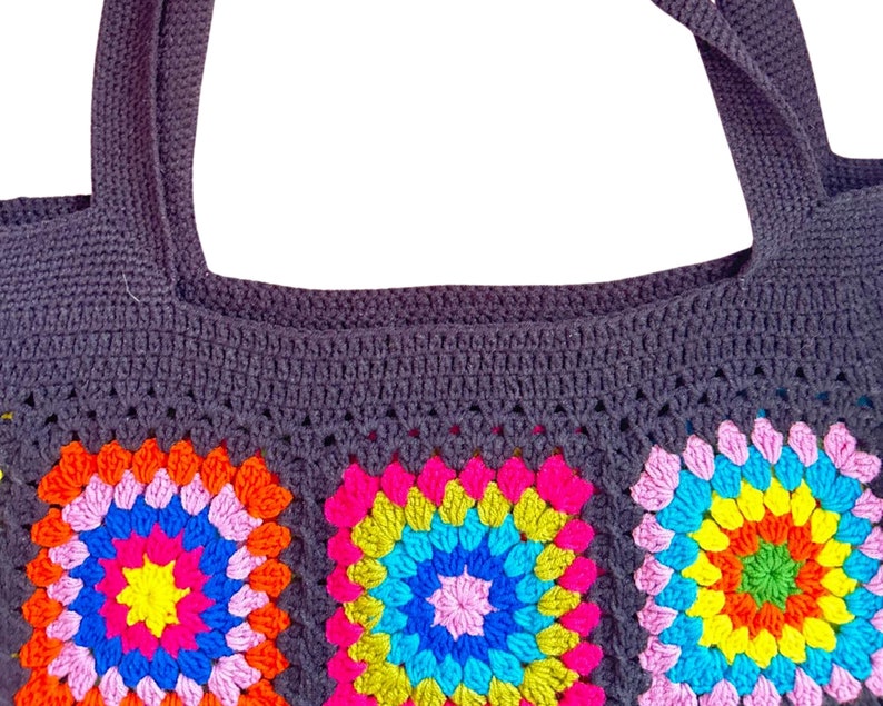 Granny Square Bag, Crochet Bag, Black Crochet Purse For Women, Crochet Tote Bag, Colorful Crochet Afghan Bag, Boho Crochet Shoulder Bag image 4