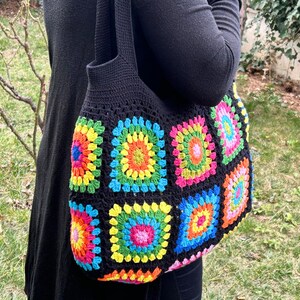 Granny Square Bag, Crochet Bag, Black Crochet Purse For Women, Crochet Tote Bag, Colorful Crochet Afghan Bag, Boho Crochet Shoulder Bag image 2