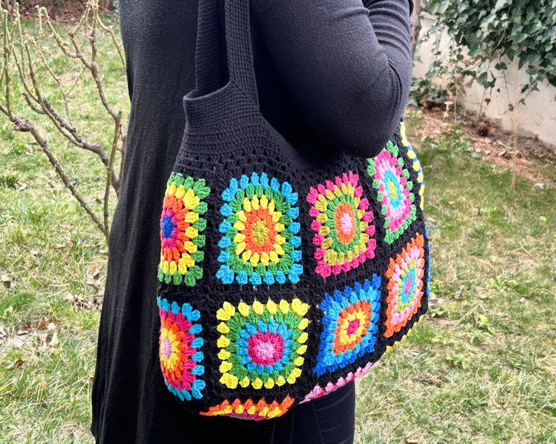 Granny Square Bag, Crochet Bag, Black Crochet Purse For Women, Crochet Tote Bag, Colorful Crochet Afghan Bag, Boho Crochet Shoulder Bag image 2