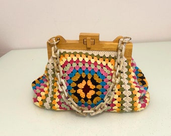 Chic Knitted Bag with Wooden Handle,Granny Square Clutch, Crochet Jute Bag Pattern, Crochet Bag, Gift Bag For Woman, Gift For Teacher,