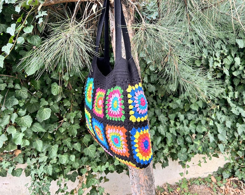 Granny Square Bag, Crochet Bag, Black Crochet Purse For Women, Crochet Tote Bag, Colorful Crochet Afghan Bag, Boho Crochet Shoulder Bag image 7