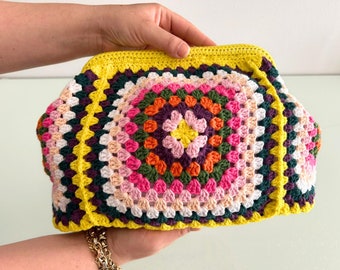 Oma vierkante gehaakte multi-gekleurde handtas, handgemaakte clutch stijl, vintage clutch, damestas, gehaakte handtas, Turkse stijl tas, cadeau voor moeder