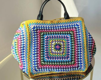 Bolso de ganchillo cuadrado de abuela hecho a mano: bolso bohemio de fin de semana