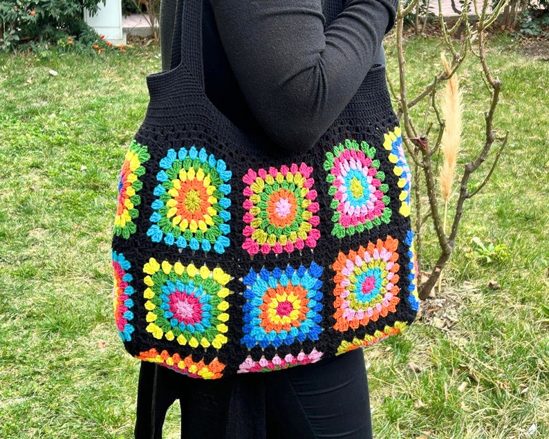 Granny Square Bag, Crochet Bag, Black Crochet Purse For Women, Crochet Tote Bag, Colorful Crochet Afghan Bag, Boho Crochet Shoulder Bag image 1