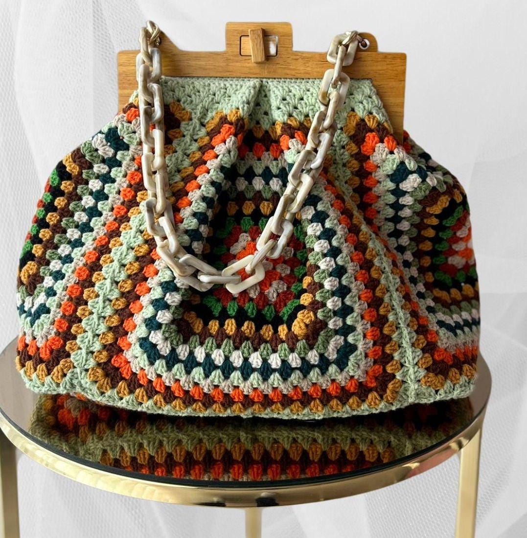 Handmade Granny Square Crochet Shoulder Bag: Boho Wooden Clasp Purse