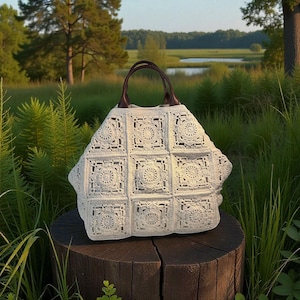 May include: Cream-colored crochet tote bag with a geometric floral pattern. The bag has brown leather handles and is sitting on a wooden stump. The background features a natural landscape with trees and a body of water.
