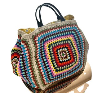 Granny Square Bag,Boho Crochet Tote Bag, Large Handmade Travel Bag,Colorful Weekend Market Bag,Crochet Beach Bag,Festival Purse,Gift for Her