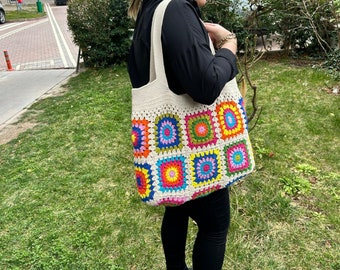 Handcrafted Retro Granny Square Beach Bag,Colorful Hippie Shoulder Tote,Gift for Her/Mom,Shoulder Bag,