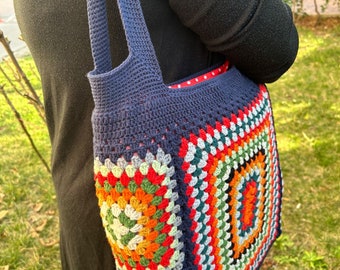 Vibrant Crochet Granny Square Shoulder Bag ,An All Day Chic Market Bag Big As A Beach Bag