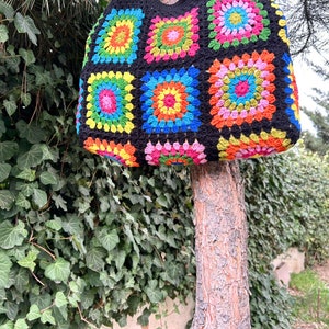 Granny Square Bag, Crochet Bag, Black Crochet Purse For Women, Crochet Tote Bag, Colorful Crochet Afghan Bag, Boho Crochet Shoulder Bag image 8