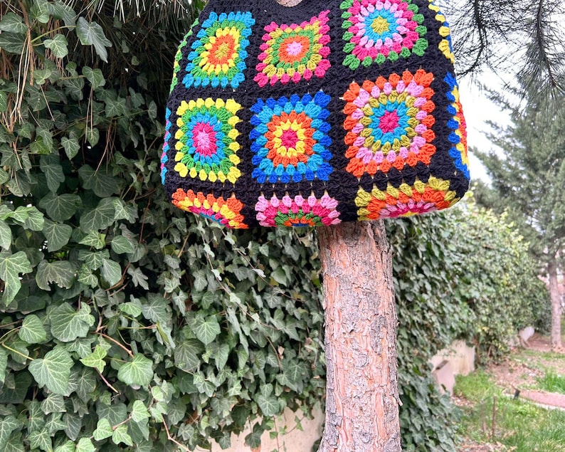 Granny Square Bag, Crochet Bag, Black Crochet Purse For Women, Crochet Tote Bag, Colorful Crochet Afghan Bag, Boho Crochet Shoulder Bag image 8