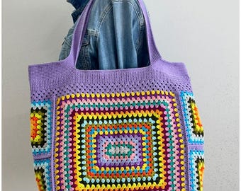 Bolso cuadrado de abuela lila, bolso de crochet, bolso bohemio hecho a mano, bolso de compras, regalo para ella, bolso de hombro de crochet