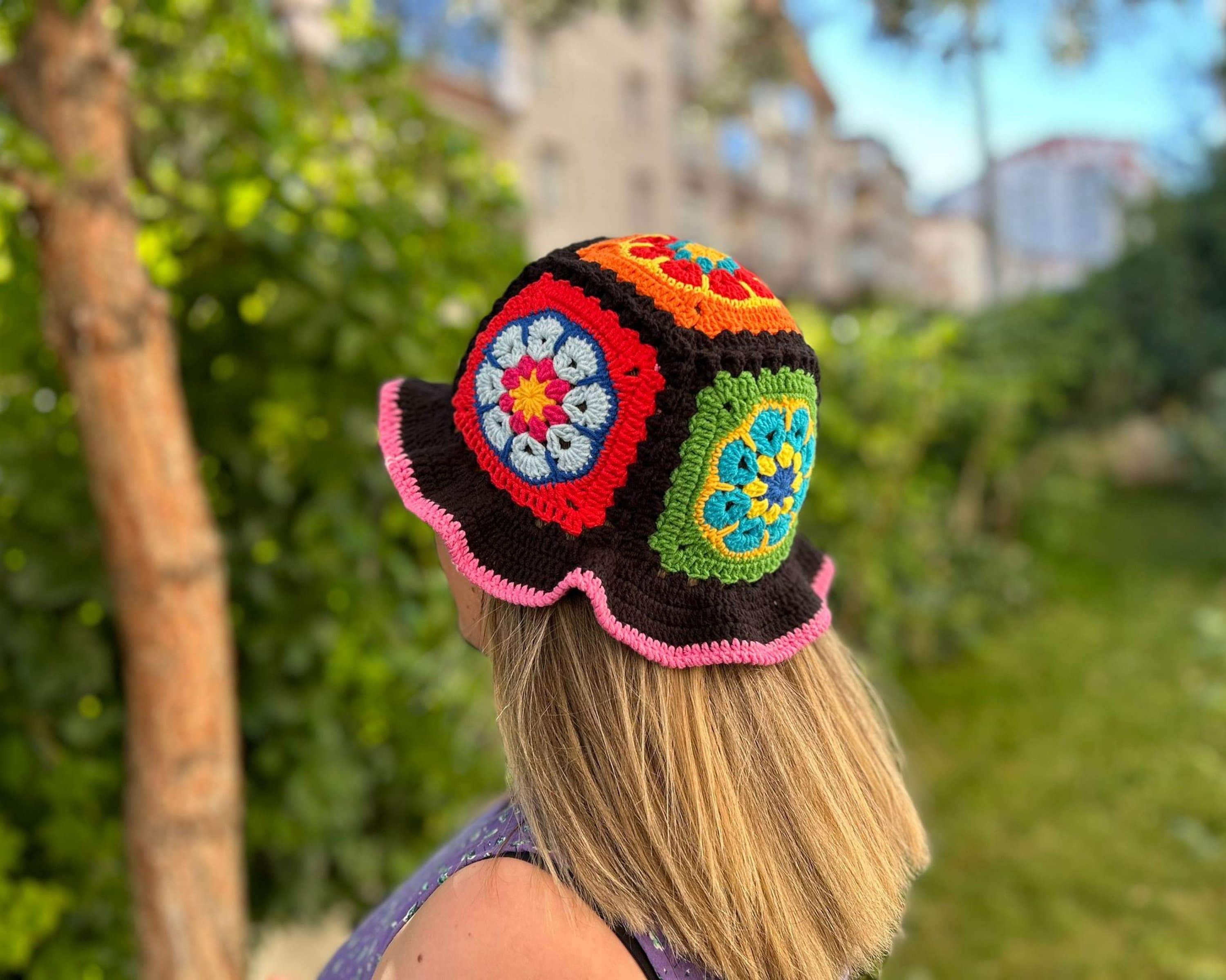 Handmade Crochet Bucket Hat: Colorful Granny Square Cotton